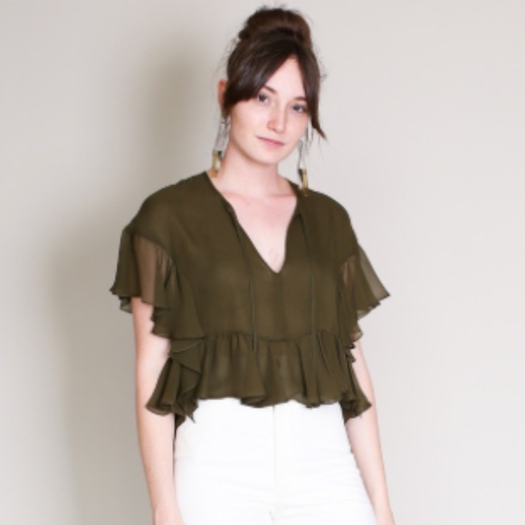 RACHEL COMEY Floater Top Ruffle Keyhole Neckline 100% Silk Olive Green - Size 2 - Picture 3 of 12